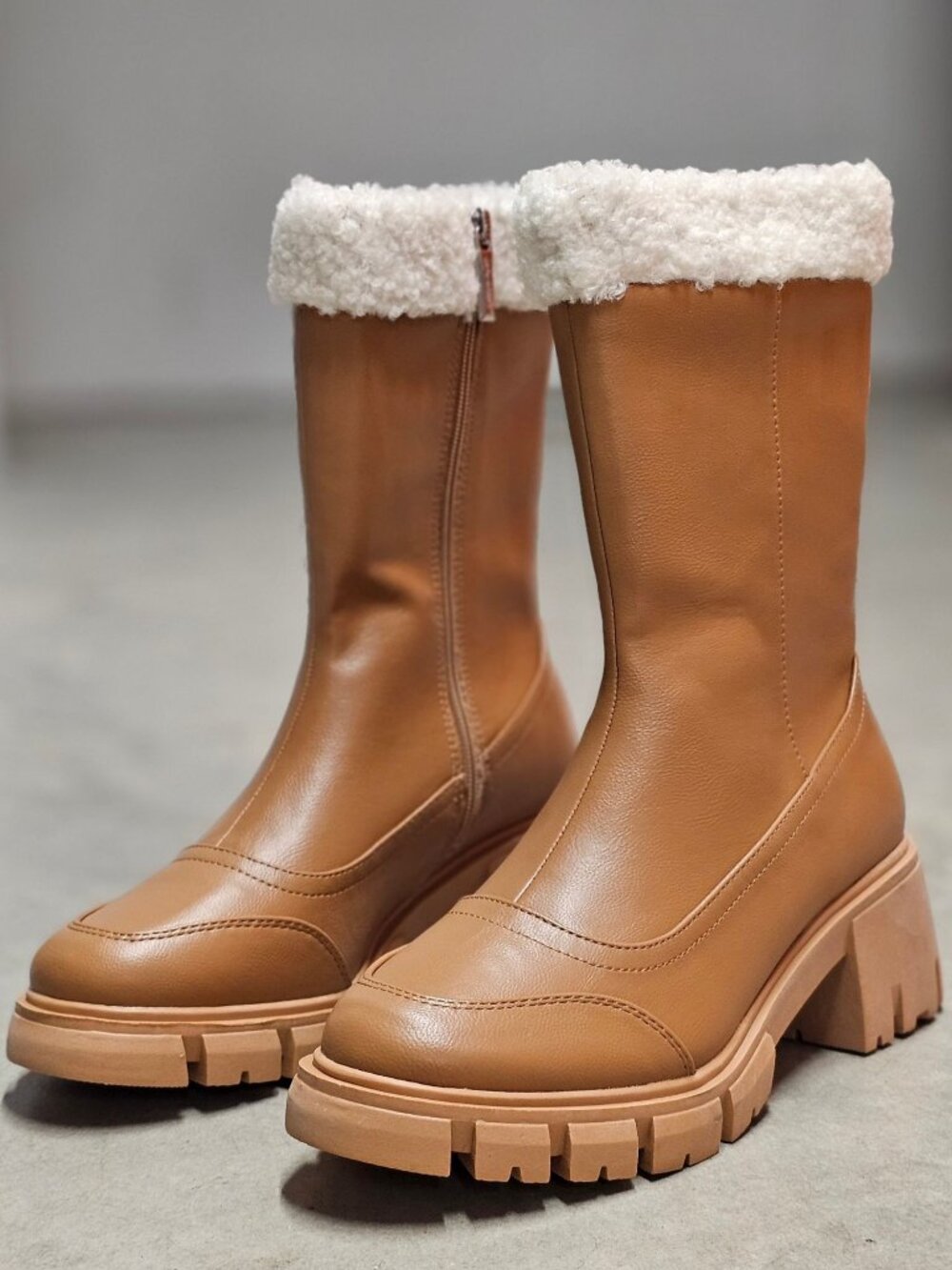 Womens Tan Faux Leather Mid-Calf Boots With Chunky Sole & Faux Shearling Trim